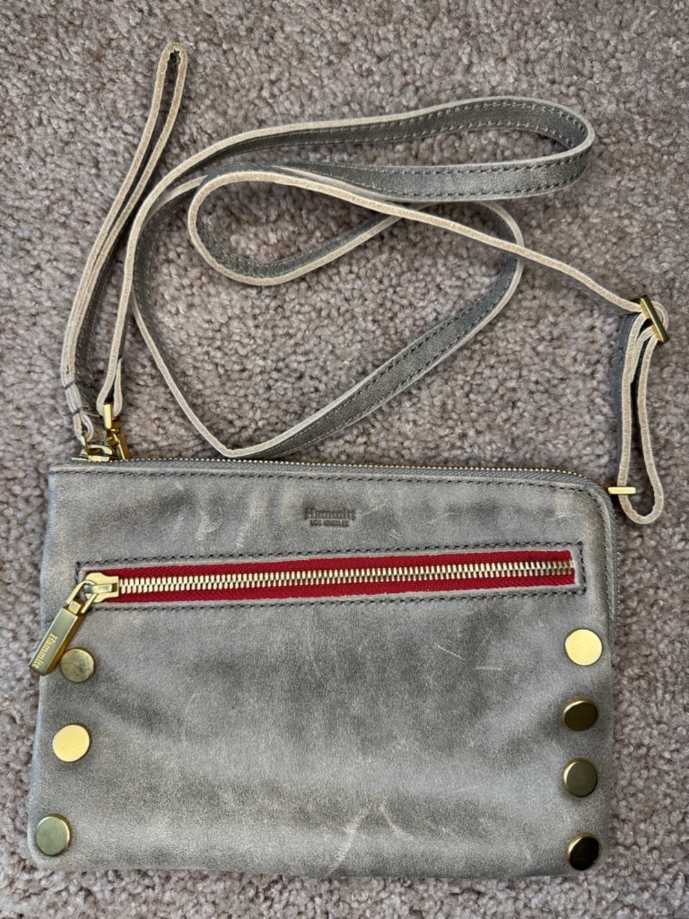 Hammitt Gray Suede Crossbody with Red Zip and Gold Studs